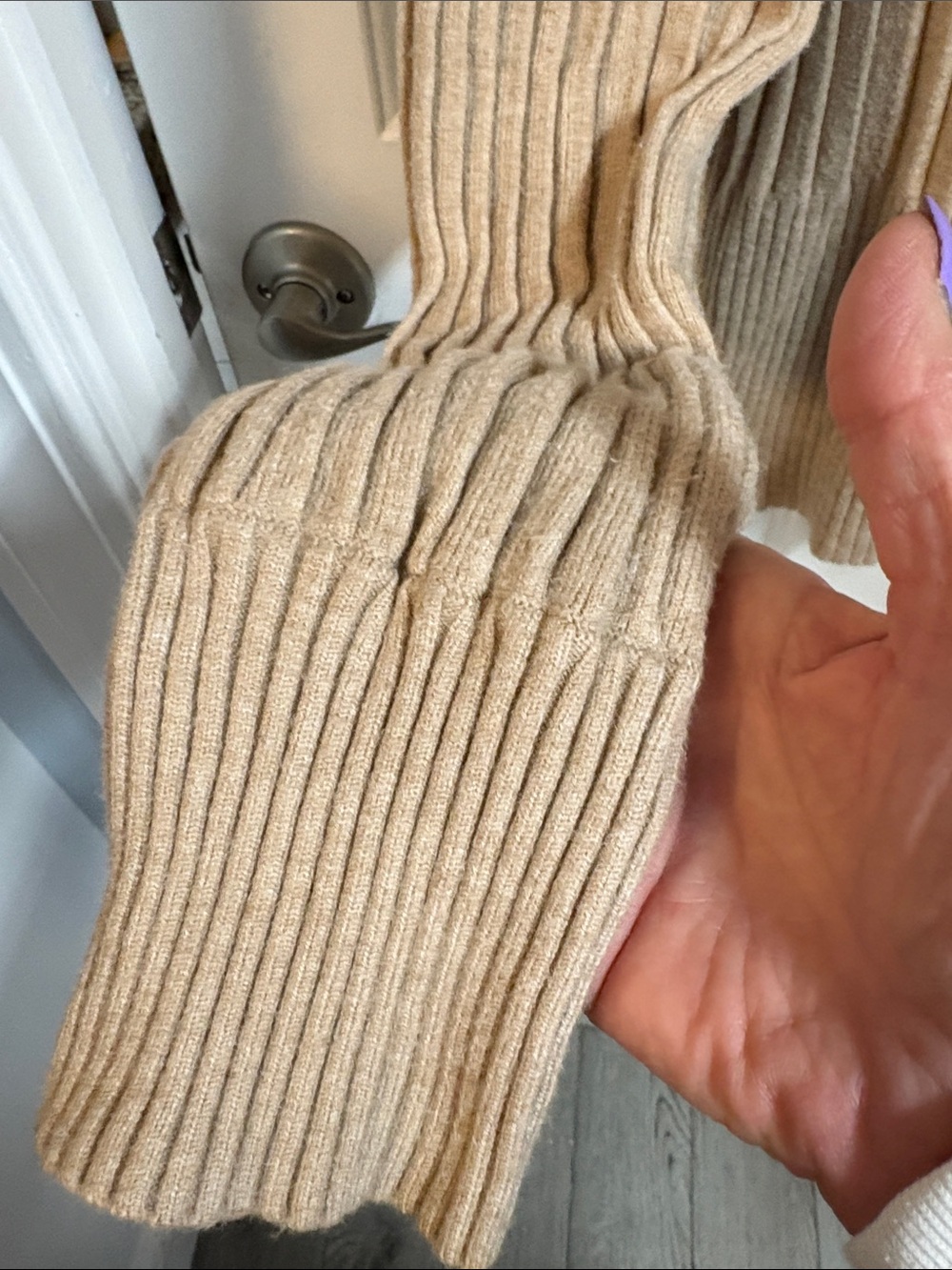 Cyrus Ribbed V-Neck Button-Front Cardigan in Beige - Picture 3 of 4